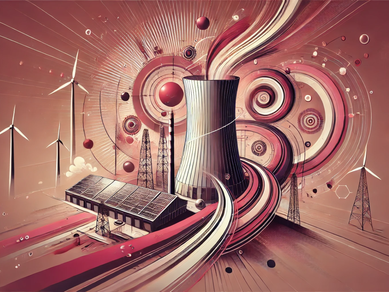 DALL·E 2024-07-04 17.11.08 - A wide abstract image representing the concept of Solar Updraft Towers. The color scheme is dominated by maroon and pink tones. The image features abs