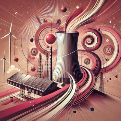 DALL·E 2024-07-04 17.11.08 - A wide abstract image representing the concept of Solar Updraft Towers. The color scheme is dominated by maroon and pink tones. The image features abs