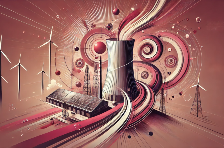 DALL·E 2024-07-04 17.11.08 - A wide abstract image representing the concept of Solar Updraft Towers. The color scheme is dominated by maroon and pink tones. The image features abs