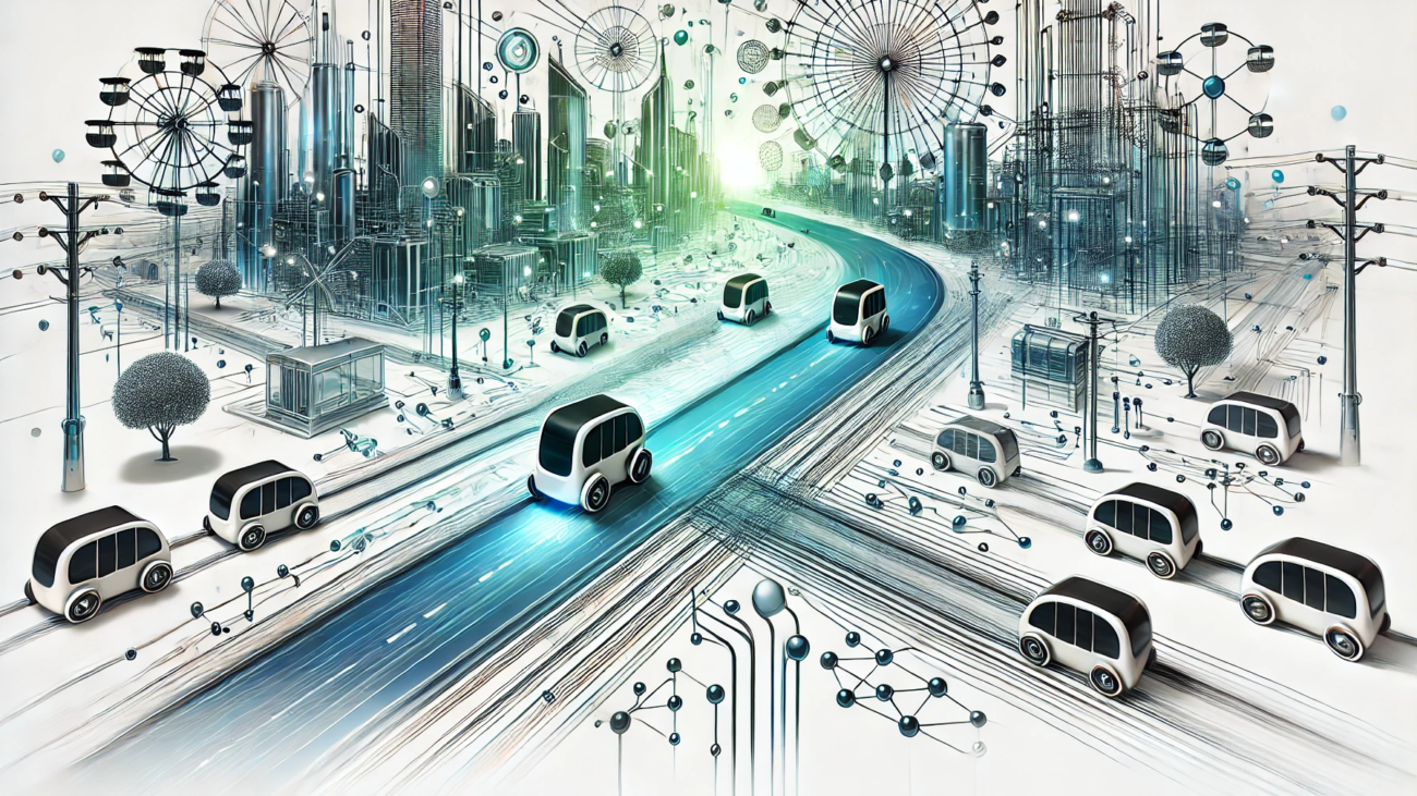 DALL·E 2024-07-04 19.07.32 - A wide abstract image representing the concept of Personal Rapid Transit (PRT) systems in smart cities. The image features small, automated vehicles o