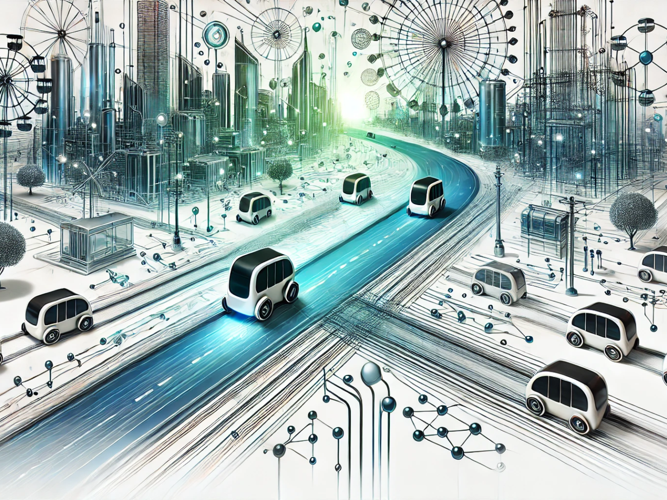 DALL·E 2024-07-04 19.07.32 - A wide abstract image representing the concept of Personal Rapid Transit (PRT) systems in smart cities. The image features small, automated vehicles o