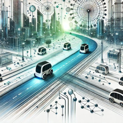 DALL·E 2024-07-04 19.07.32 - A wide abstract image representing the concept of Personal Rapid Transit (PRT) systems in smart cities. The image features small, automated vehicles o
