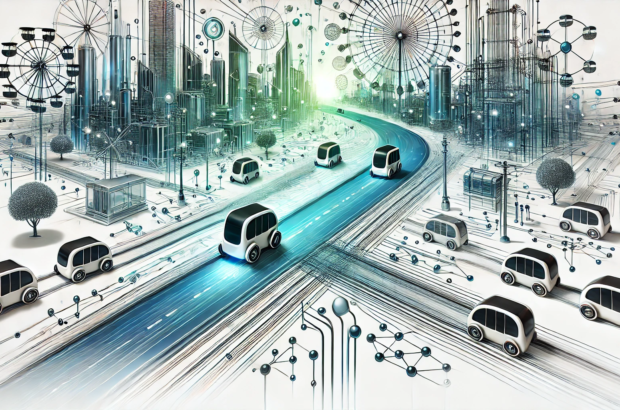 DALL·E 2024-07-04 19.07.32 - A wide abstract image representing the concept of Personal Rapid Transit (PRT) systems in smart cities. The image features small, automated vehicles o