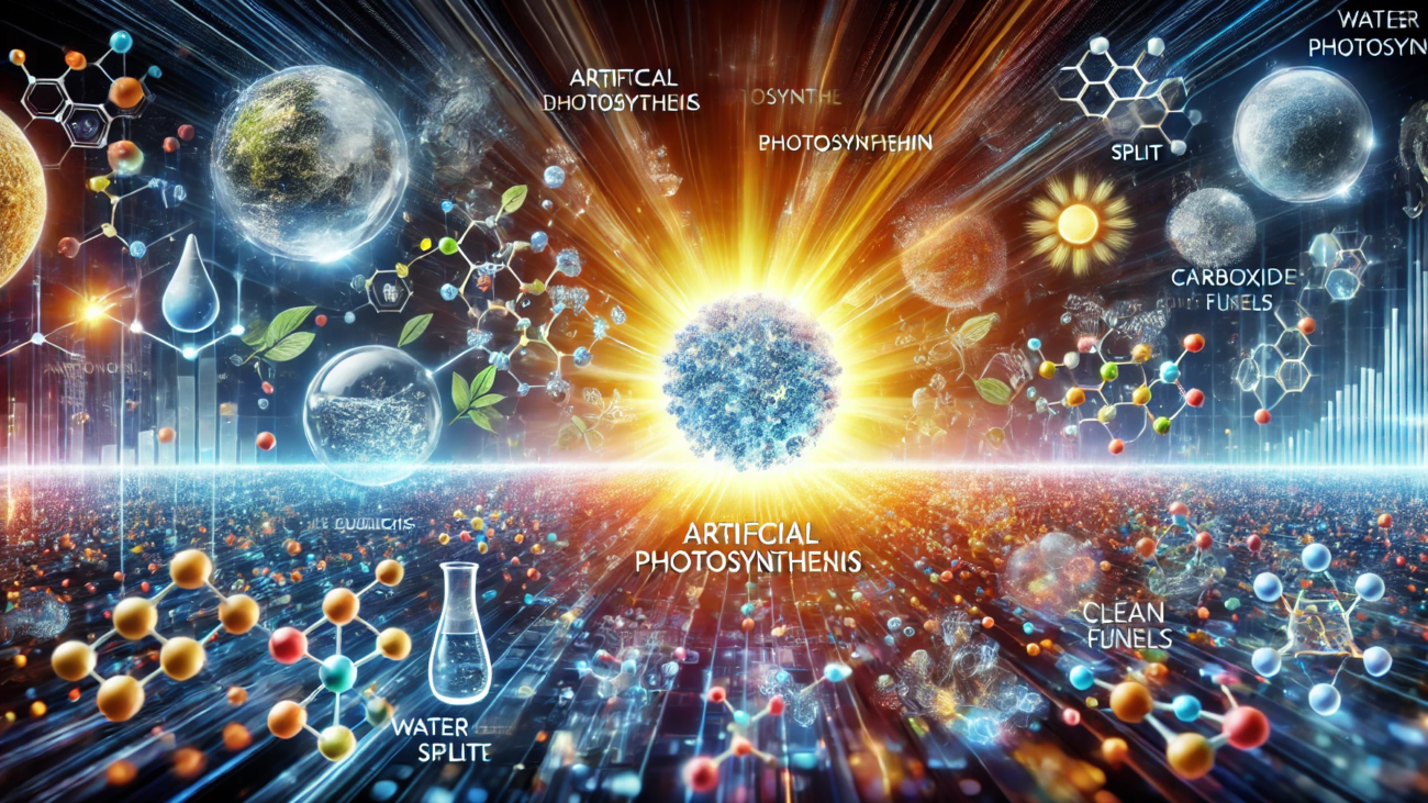 DALL·E 2024-07-04 21.45.06 - A wide abstract image depicting the concept of artificial photosynthesis. Show elements such as sunlight being absorbed by advanced materials, water m