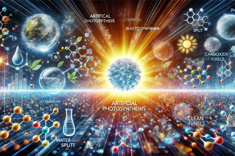 DALL·E 2024-07-04 21.45.06 - A wide abstract image depicting the concept of artificial photosynthesis. Show elements such as sunlight being absorbed by advanced materials, water m