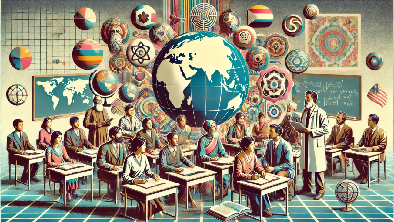 DALL·E 2024-07-06 10.24.47 - A 1980s style abstract yet realistic image depicting a global teacher exchange program. The image features a classroom with teachers from various cult