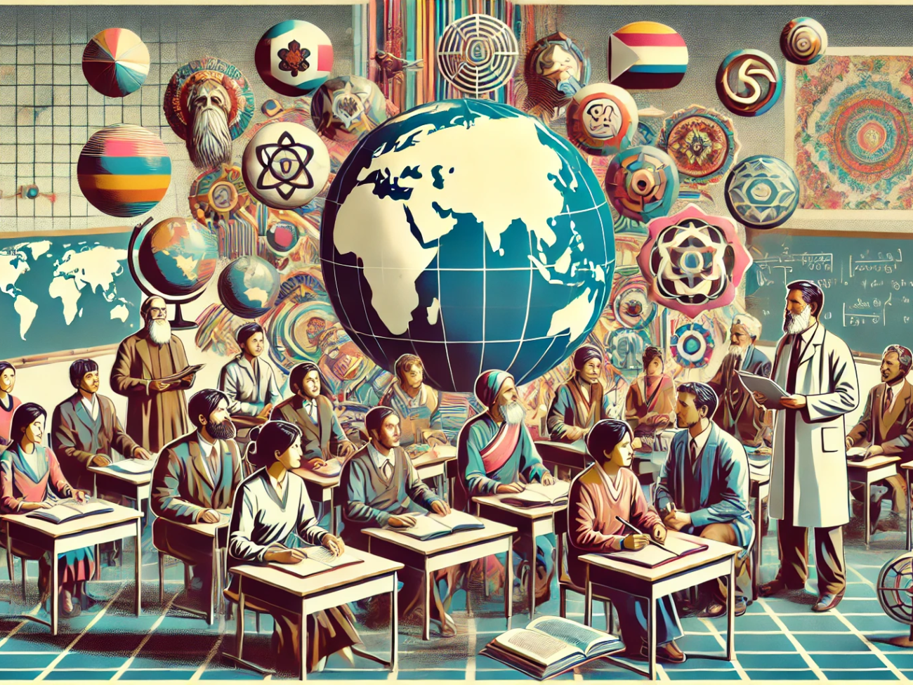 DALL·E 2024-07-06 10.24.47 - A 1980s style abstract yet realistic image depicting a global teacher exchange program. The image features a classroom with teachers from various cult