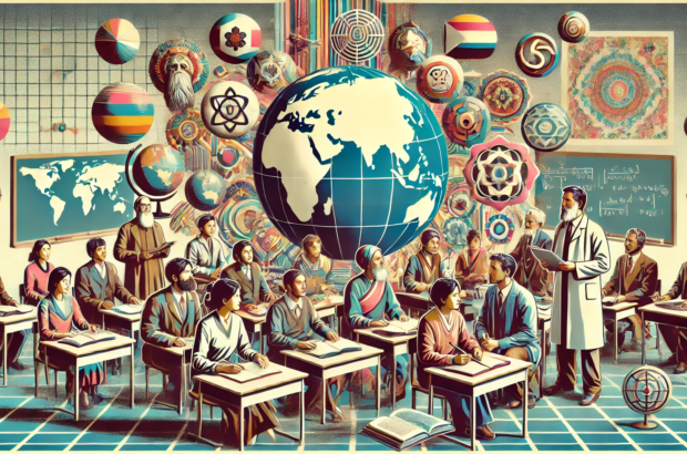 DALL·E 2024-07-06 10.24.47 - A 1980s style abstract yet realistic image depicting a global teacher exchange program. The image features a classroom with teachers from various cult