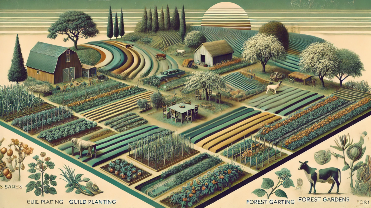 DALL·E 2024-07-06 10.31.41 - A 1980s style realistic abstract image depicting a permaculture design farm. The image shows various zones of the farm with diverse plants and animals