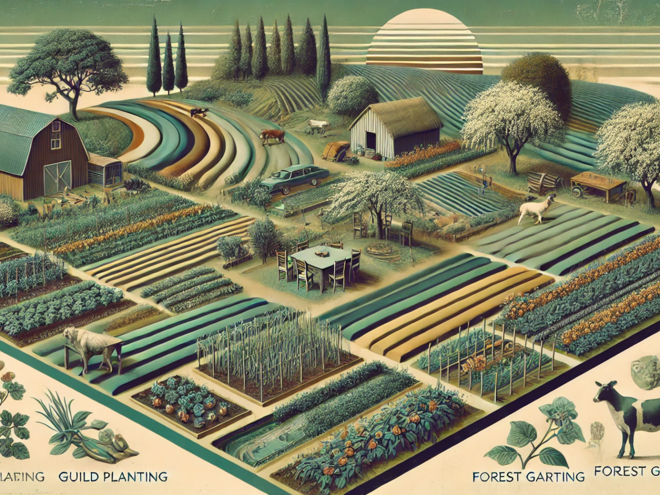 DALL·E 2024-07-06 10.31.41 - A 1980s style realistic abstract image depicting a permaculture design farm. The image shows various zones of the farm with diverse plants and animals