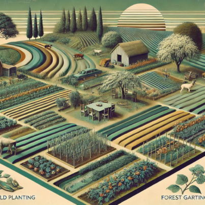 DALL·E 2024-07-06 10.31.41 - A 1980s style realistic abstract image depicting a permaculture design farm. The image shows various zones of the farm with diverse plants and animals