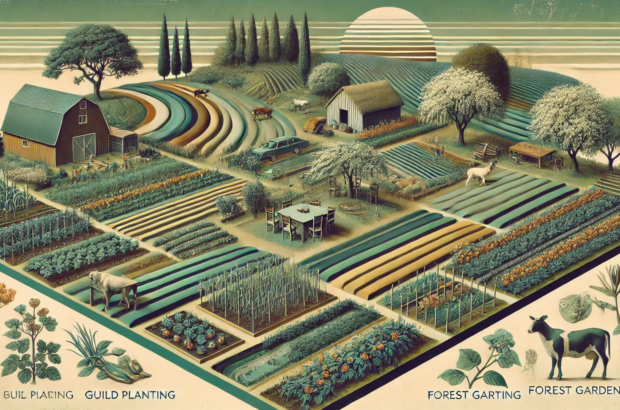 DALL·E 2024-07-06 10.31.41 - A 1980s style realistic abstract image depicting a permaculture design farm. The image shows various zones of the farm with diverse plants and animals