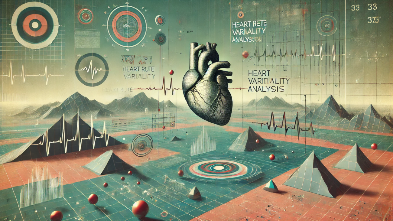 DALL·E 2024-07-06 14.27.55 - A wide, realistic abstract image with muted colors, inspired by the 1980s, representing heart rate variability analysis in wearable health technology