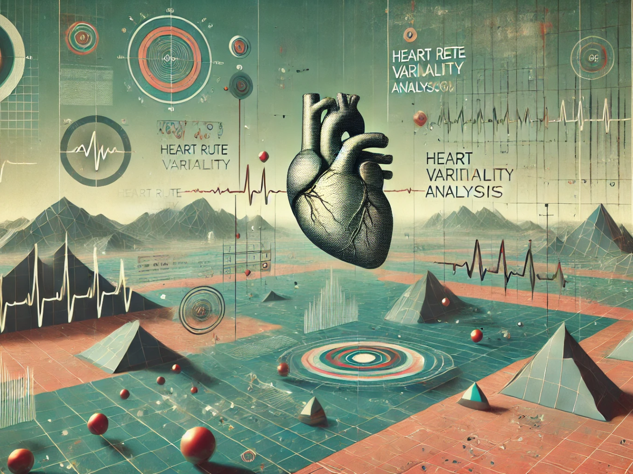 DALL·E 2024-07-06 14.27.55 - A wide, realistic abstract image with muted colors, inspired by the 1980s, representing heart rate variability analysis in wearable health technology