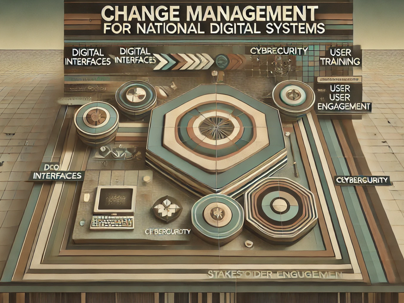 DALL·E 2024-07-06 14.34.04 - A wide, realistic abstract image with muted colors, inspired by the 1980s, representing the concept of change management for national digital systems