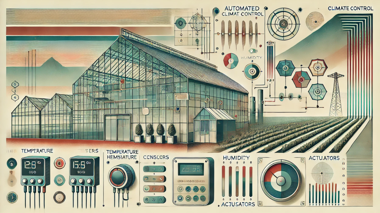 DALL·E 2024-07-06 15.06.37 - A wide, realistic abstract image with muted colors, inspired by the 1980s, representing automated climate control systems in agriculture. The image sh