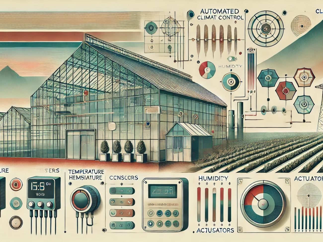 DALL·E 2024-07-06 15.06.37 - A wide, realistic abstract image with muted colors, inspired by the 1980s, representing automated climate control systems in agriculture. The image sh