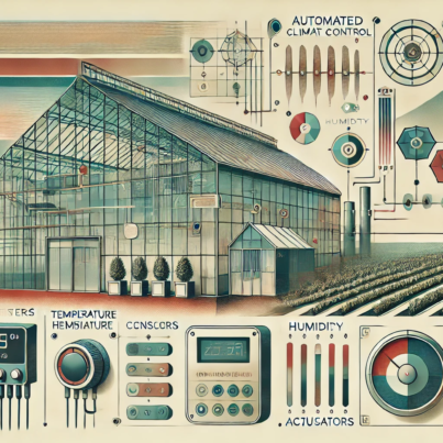 DALL·E 2024-07-06 15.06.37 - A wide, realistic abstract image with muted colors, inspired by the 1980s, representing automated climate control systems in agriculture. The image sh