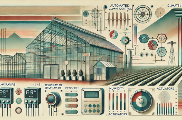 DALL·E 2024-07-06 15.06.37 - A wide, realistic abstract image with muted colors, inspired by the 1980s, representing automated climate control systems in agriculture. The image sh