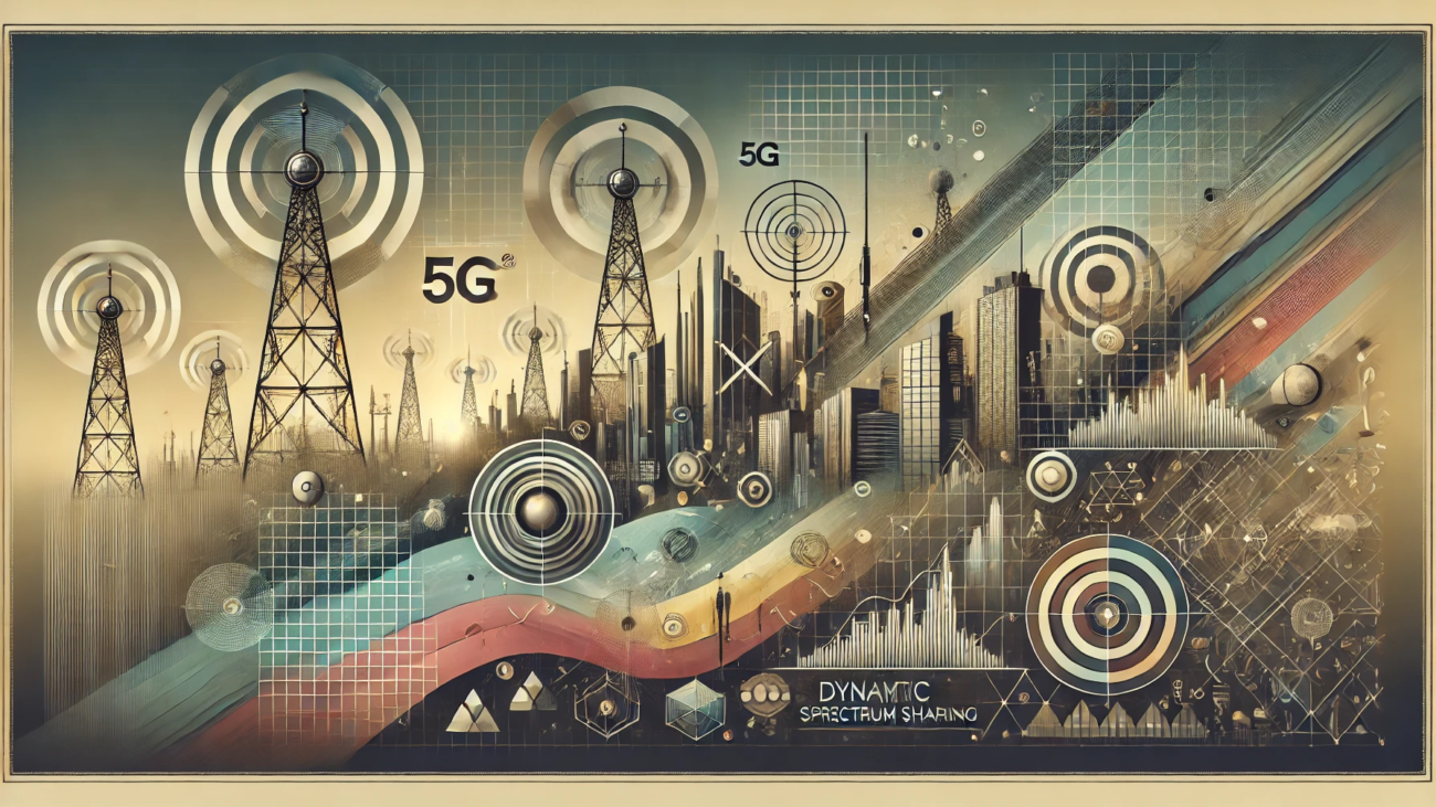 DALL·E 2024-07-06 17.00.01 - A wide, realistic abstract image with muted colors, inspired by the 1980s, representing the concept of spectrum allocation for 5G technology. The imag