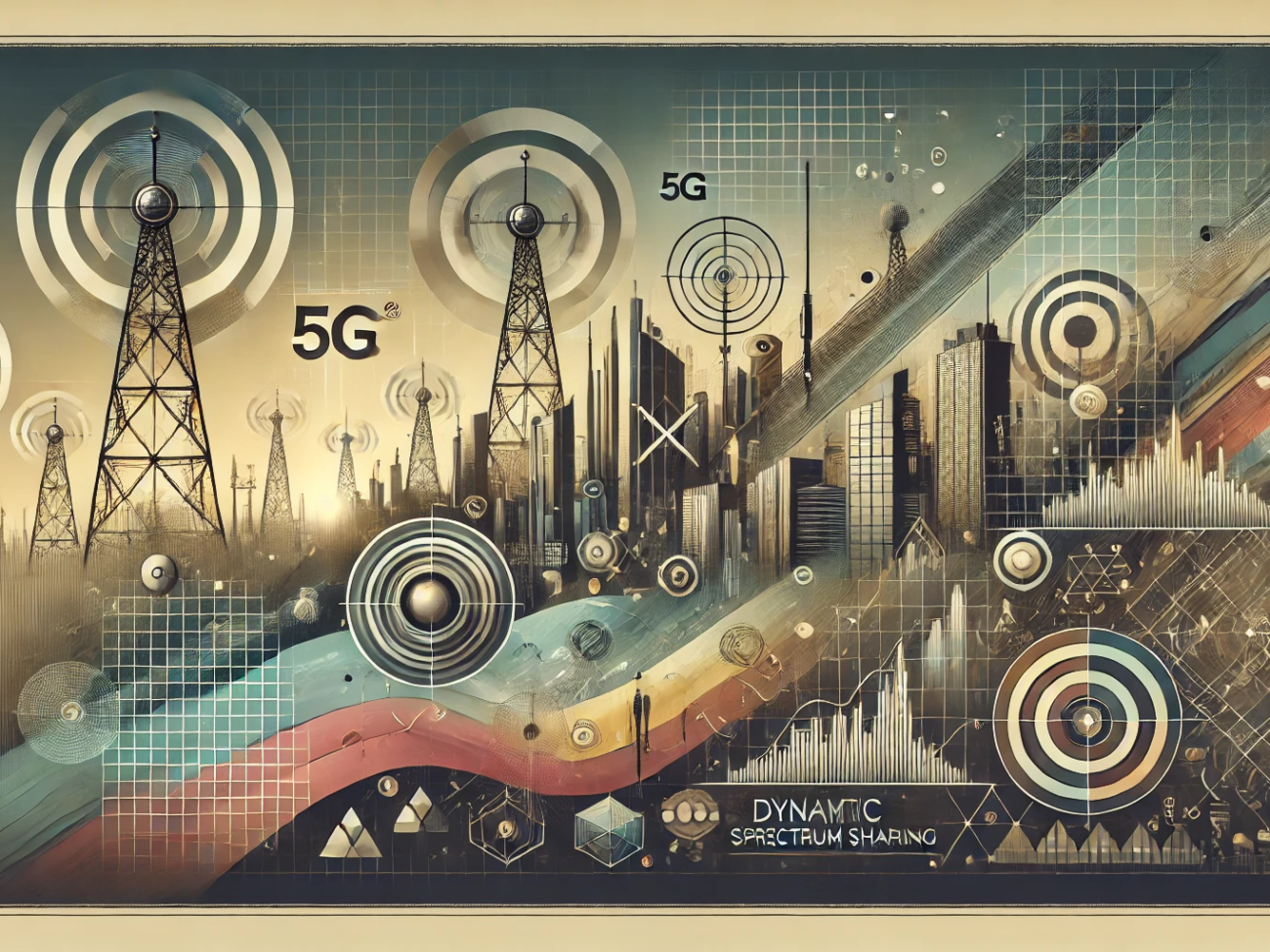 DALL·E 2024-07-06 17.00.01 - A wide, realistic abstract image with muted colors, inspired by the 1980s, representing the concept of spectrum allocation for 5G technology. The imag