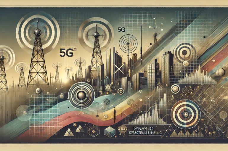 DALL·E 2024-07-06 17.00.01 - A wide, realistic abstract image with muted colors, inspired by the 1980s, representing the concept of spectrum allocation for 5G technology. The imag