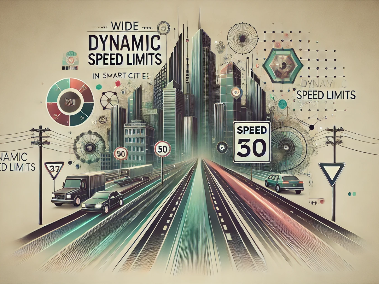 DALL·E 2024-07-06 18.08.20 - A wide, realistic abstract image with muted colors, inspired by the 1980s, representing the concept of dynamic speed limits in smart cities. The image