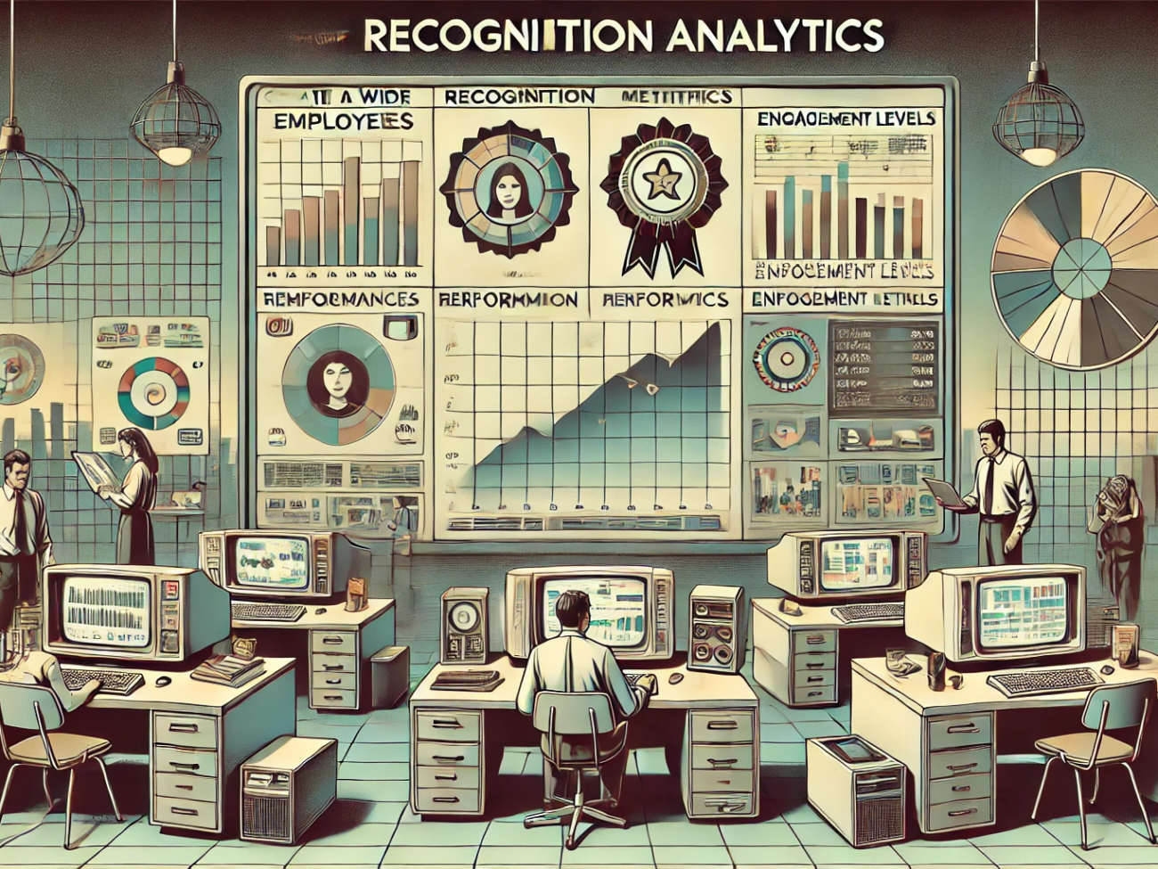 DALL·E 2024-07-06 18.41.58 - Create a wide 1980s themed image with muted colors and realistic elements, illustrating the concept of recognition analytics. The scene should depict