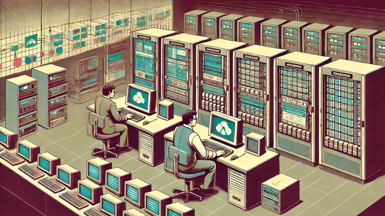 DALL·E 2024-07-29 09.02.00 - A 1980s-style image depicting edge computing. The image features a retro-futuristic control room with large, bulky computers and monitors displaying d