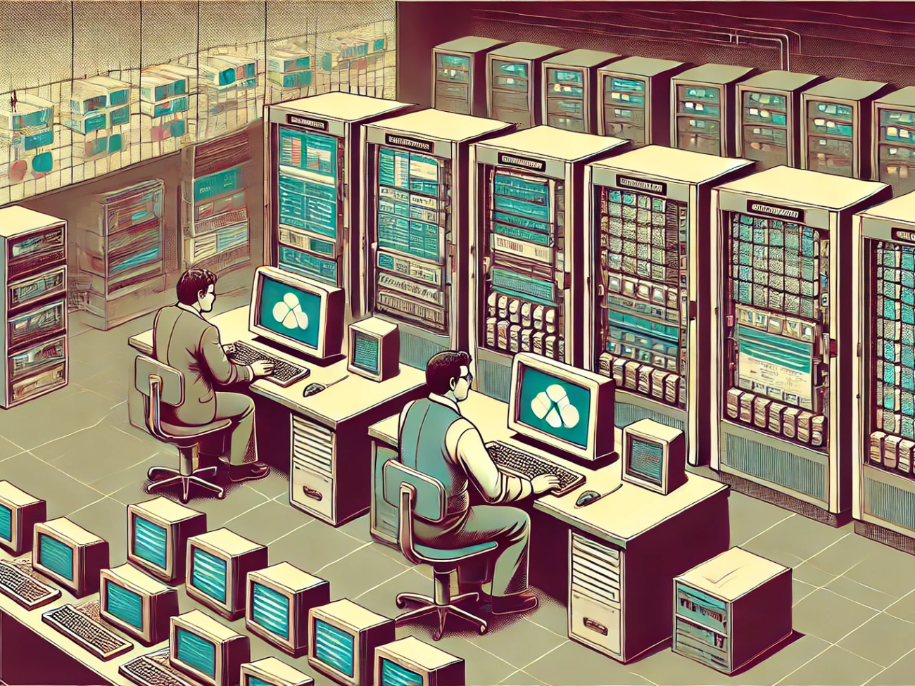 DALL·E 2024-07-29 09.02.00 - A 1980s-style image depicting edge computing. The image features a retro-futuristic control room with large, bulky computers and monitors displaying d