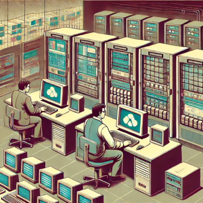 DALL·E 2024-07-29 09.02.00 - A 1980s-style image depicting edge computing. The image features a retro-futuristic control room with large, bulky computers and monitors displaying d