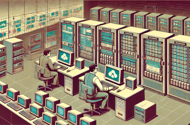 DALL·E 2024-07-29 09.02.00 - A 1980s-style image depicting edge computing. The image features a retro-futuristic control room with large, bulky computers and monitors displaying d