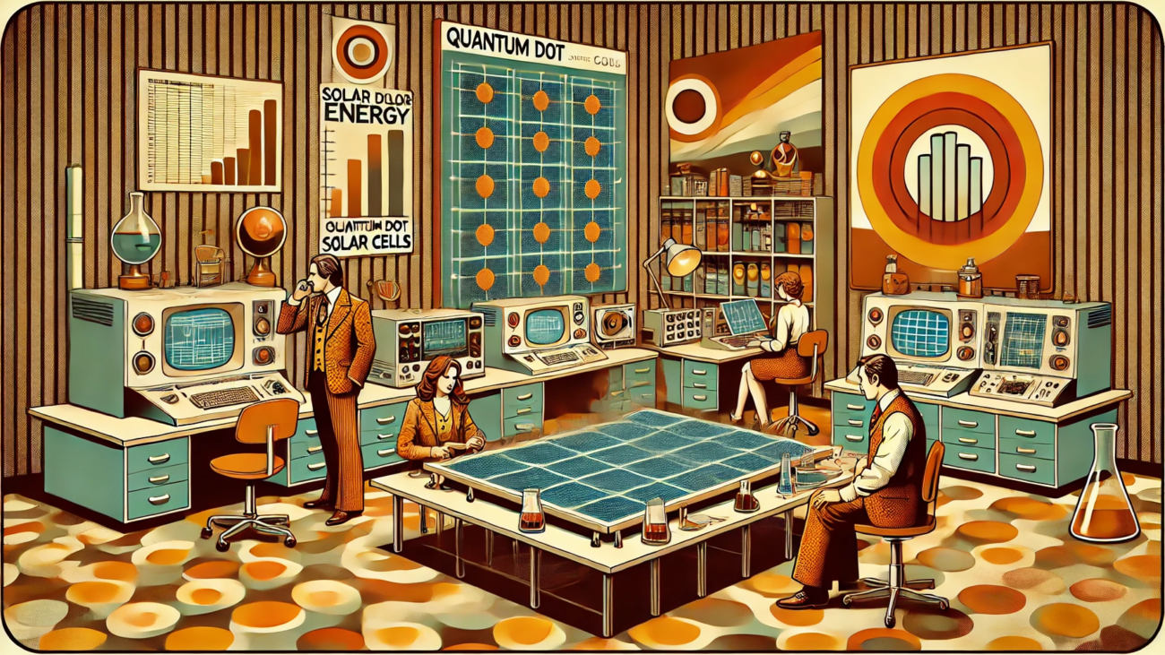 DALL·E 2024-07-29 09.24.02 - A 1970s themed illustration showcasing the concept of quantum dot solar cells. Picture a vintage lab setup with scientists in retro attire working on