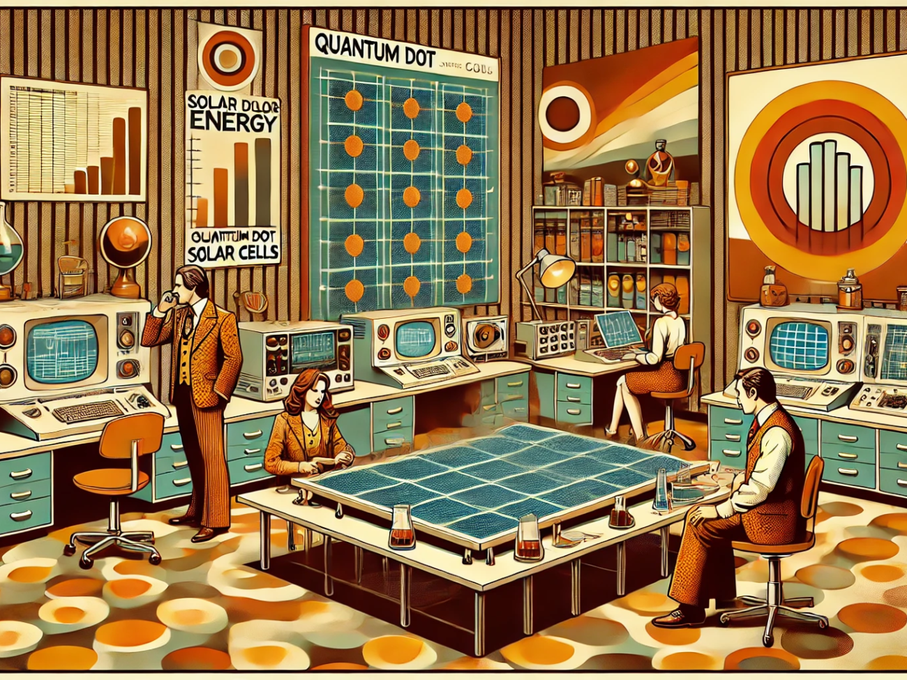 DALL·E 2024-07-29 09.24.02 - A 1970s themed illustration showcasing the concept of quantum dot solar cells. Picture a vintage lab setup with scientists in retro attire working on