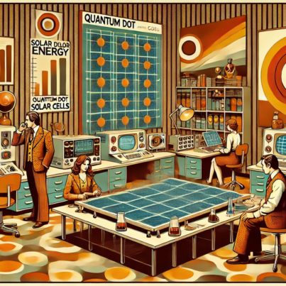 DALL·E 2024-07-29 09.24.02 - A 1970s themed illustration showcasing the concept of quantum dot solar cells. Picture a vintage lab setup with scientists in retro attire working on