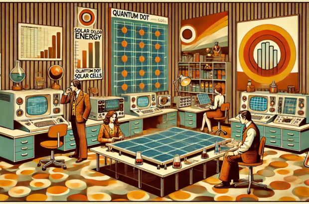 DALL·E 2024-07-29 09.24.02 - A 1970s themed illustration showcasing the concept of quantum dot solar cells. Picture a vintage lab setup with scientists in retro attire working on