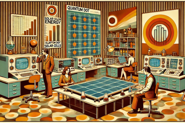 DALL·E 2024-07-29 09.24.02 - A 1970s themed illustration showcasing the concept of quantum dot solar cells. Picture a vintage lab setup with scientists in retro attire working on