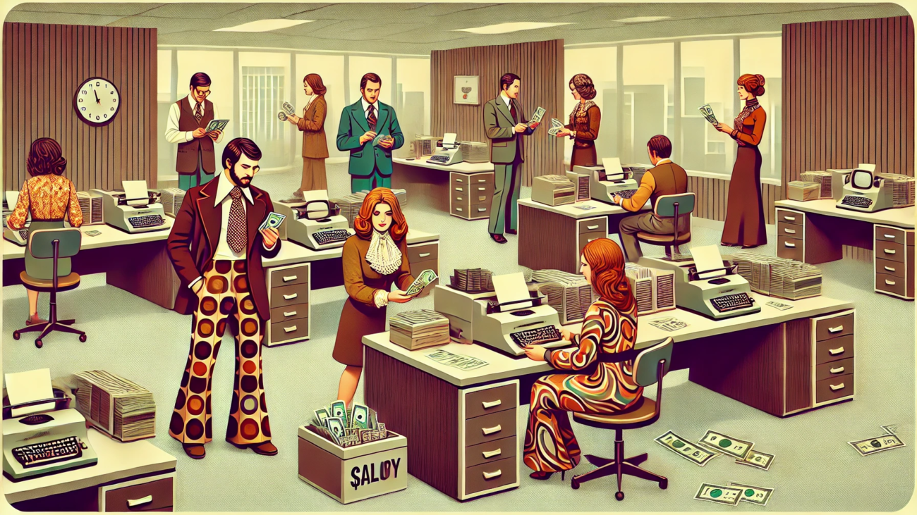 DALL·E 2024-07-29 10.05.17 - A 1970s themed office scene featuring employees with money and discussing salary. The office has wood-paneled walls and retro furniture including type