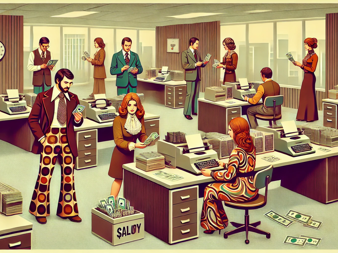 DALL·E 2024-07-29 10.05.17 - A 1970s themed office scene featuring employees with money and discussing salary. The office has wood-paneled walls and retro furniture including type