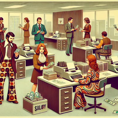 DALL·E 2024-07-29 10.05.17 - A 1970s themed office scene featuring employees with money and discussing salary. The office has wood-paneled walls and retro furniture including type