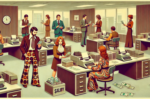 DALL·E 2024-07-29 10.05.17 - A 1970s themed office scene featuring employees with money and discussing salary. The office has wood-paneled walls and retro furniture including type