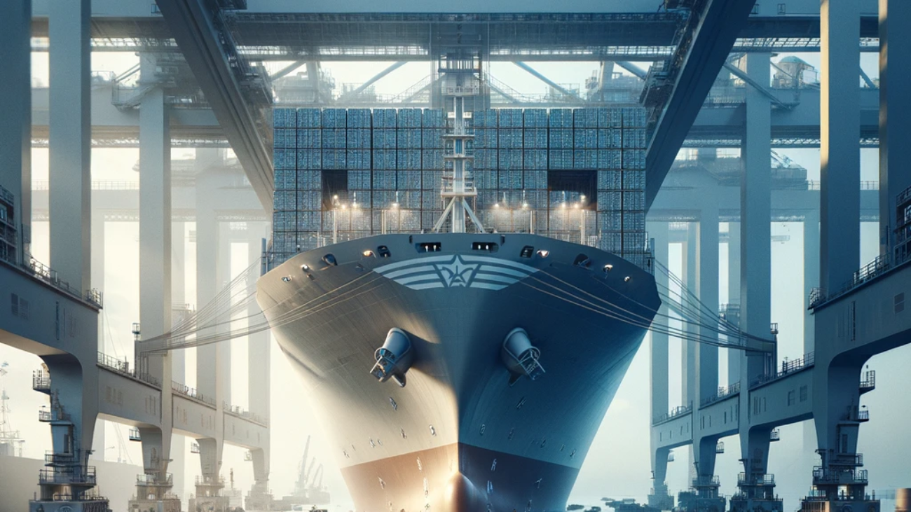 DALL·E 2024-04-05 15.45.27 - A realistic photo capturing a dockside perspective where a massive cargo ship looms at the berth. The ship's intricate structure is accentuated by the