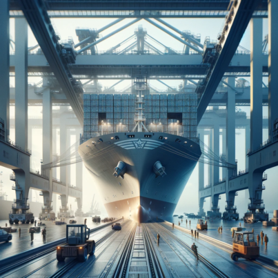 DALL·E 2024-04-05 15.45.27 - A realistic photo capturing a dockside perspective where a massive cargo ship looms at the berth. The ship's intricate structure is accentuated by the