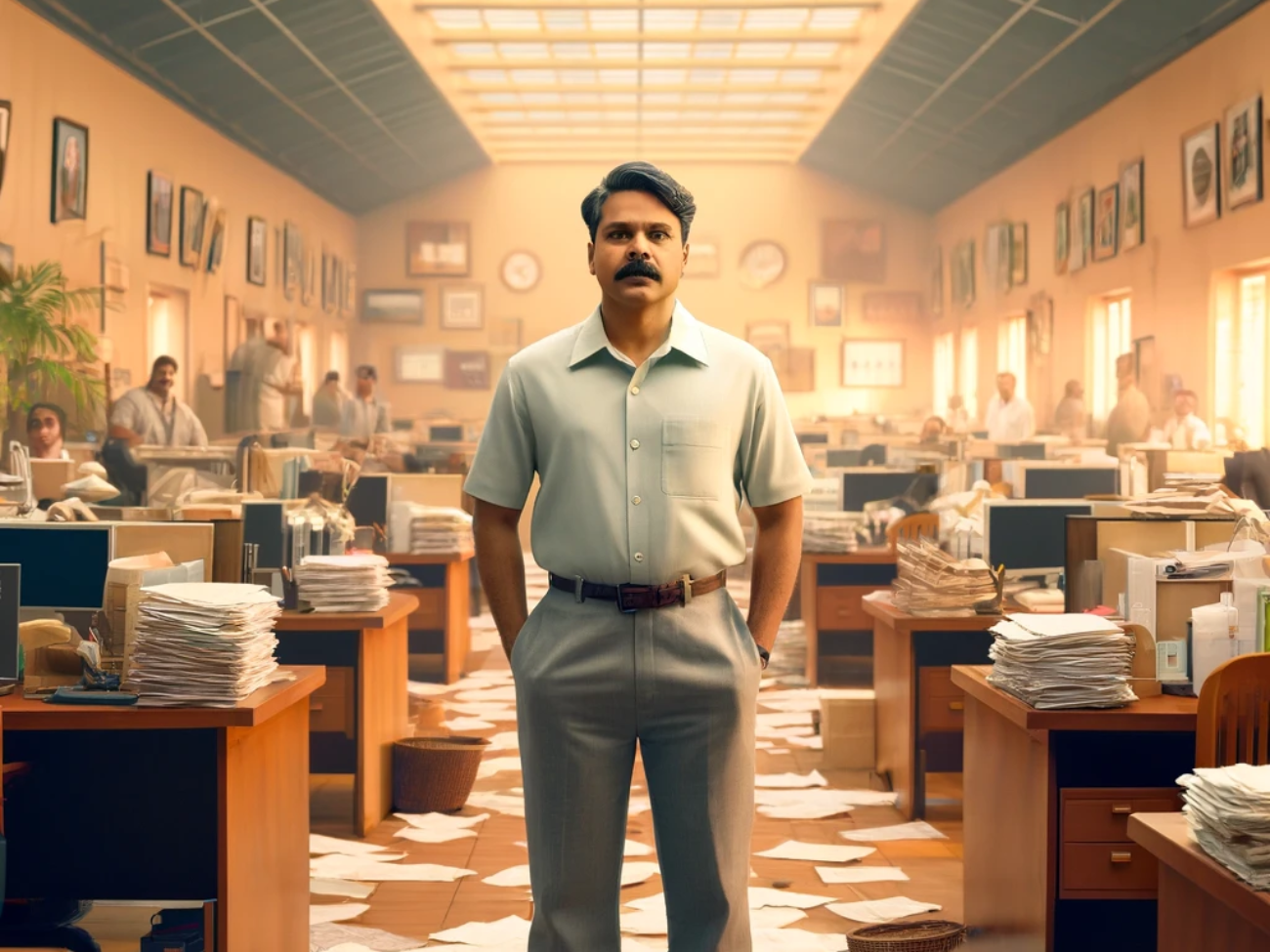 DALL·E 2024-04-05 16.01.36 - Craft an image of a Malayali politician in a pastel-colored shirt and gray pants, sharply in focus at the forefront of an office setting reminiscent o