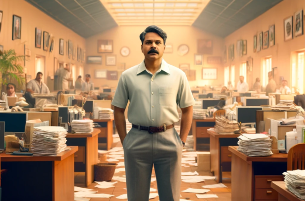 DALL·E 2024-04-05 16.01.36 - Craft an image of a Malayali politician in a pastel-colored shirt and gray pants, sharply in focus at the forefront of an office setting reminiscent o
