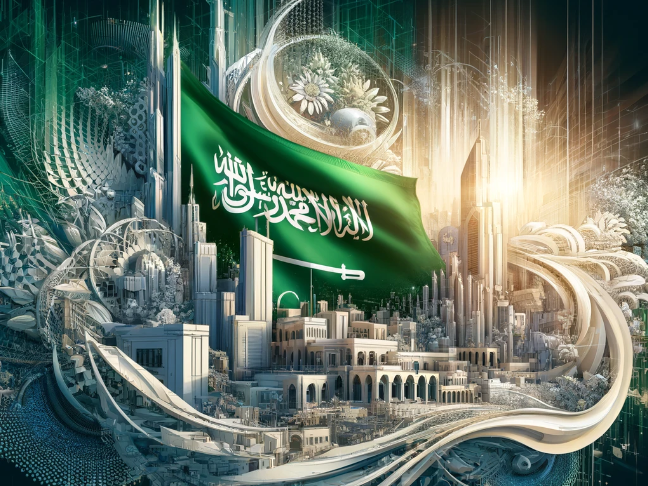 DALL·E 2024-04-05 17.18.59 - An abstract visualization of the harmony and progress in Saudi Arabia, emphasizing the seamless integration of cultural heritage with futuristic innov
