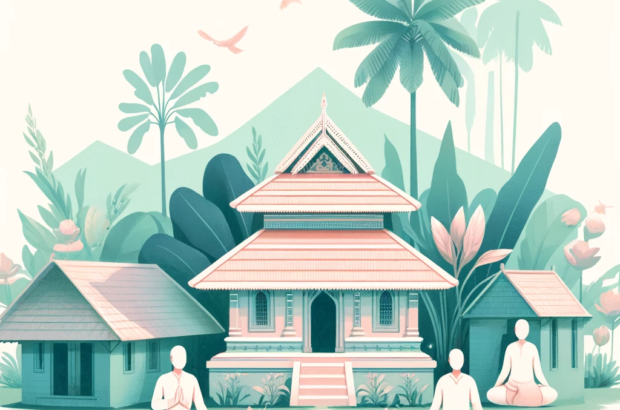 DALL·E 2024-04-05 14.52.47 - A pastel-colored illustration of a small Kerala temple, inspired by the traditional architecture in the provided image. The temple is nestled within a
