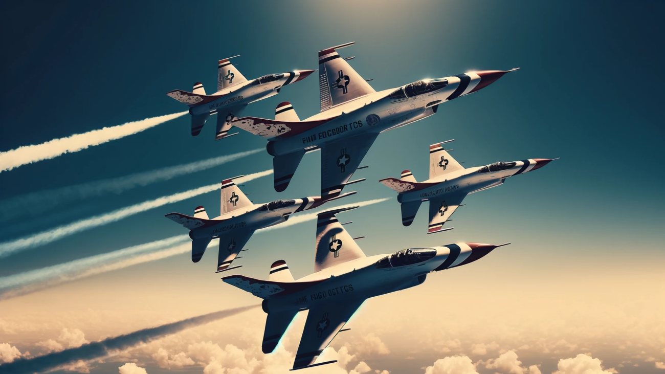 DALL·E 2024-04-05 12.14.20 - Create a cool, retro vibe realistic image depicting a squadron of fighter jets performing an aerial maneuver. The format is wide. The image is a high-