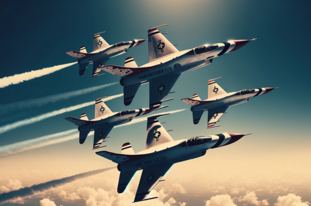 DALL·E 2024-04-05 12.14.20 - Create a cool, retro vibe realistic image depicting a squadron of fighter jets performing an aerial maneuver. The format is wide. The image is a high-