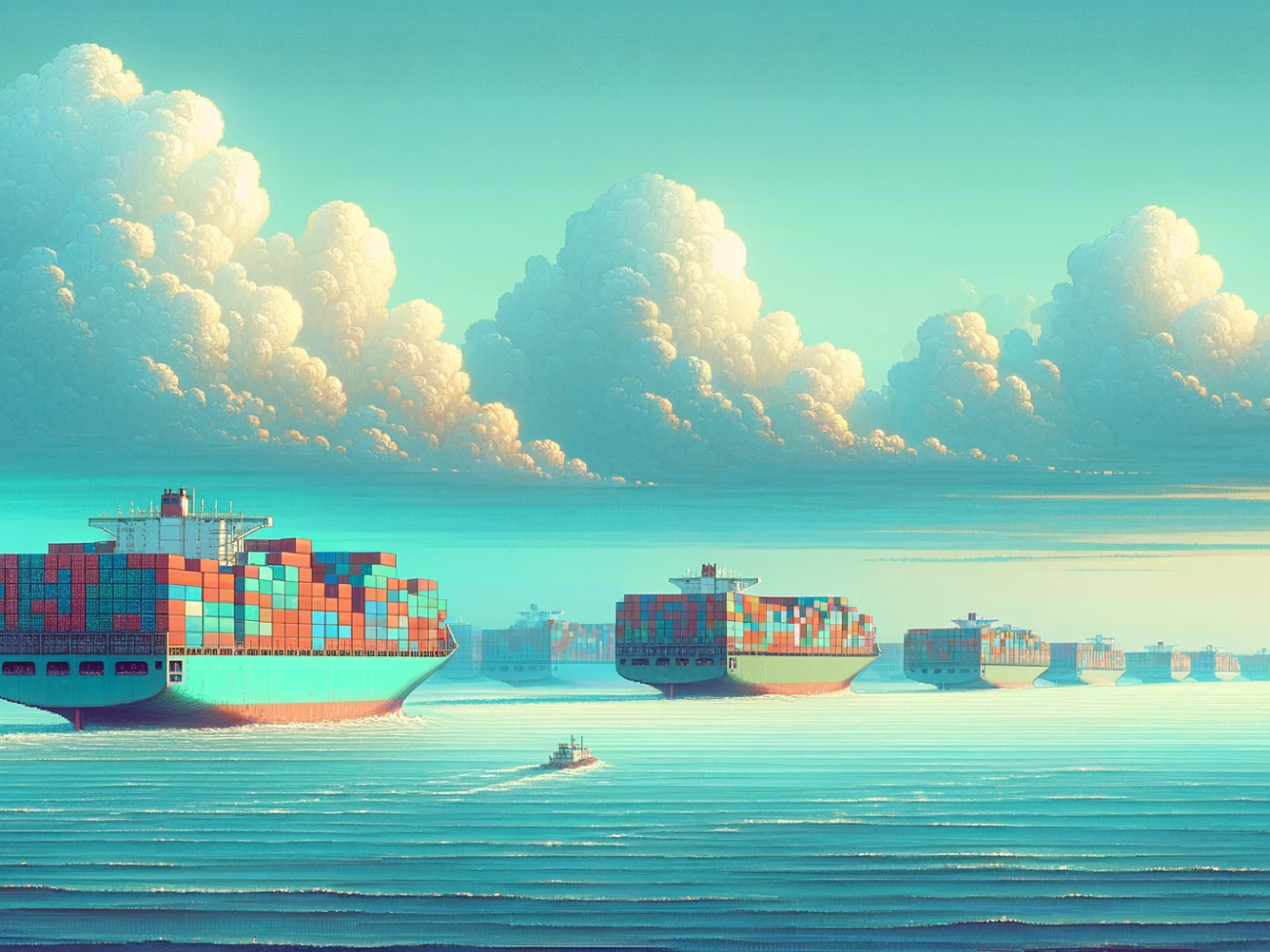 DALL·E 2024-04-05 12.50.57 - Create a photo with cool, subtle pastel colors depicting container ships in a realistic setting. The format is wide. The image is a high-resolution di